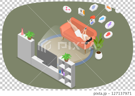 3D Isometric Flat  Illustration of Internet Addiction, Sedentary Lifestyle 127137971