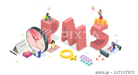 3D Isometric Flat Illustration of PMS And Ovulation, Female Critical Days Problems 3D Isometric Flat Illustration of PMS And Ovulation, Female Critical Days Problems 127137972