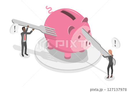3D Isometric Flat Illustration of Spending Piggy Bank Savings, High Expenses 3D Isometric Flat Illustration of Spending Piggy Bank Savings, High Expenses 127137978