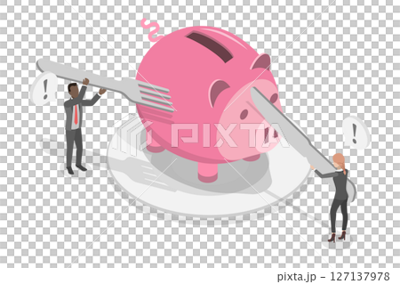 3D Isometric Flat Illustration of Spending Piggy Bank Savings, High Expenses 3D Isometric Flat Illustration of Spending Piggy Bank Savings, High Expenses 127137978