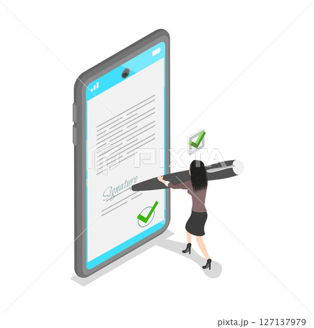 3D Isometric Flat  Illustration of Electronicaly Signed Document, Digital Xontract, E-document 127137979