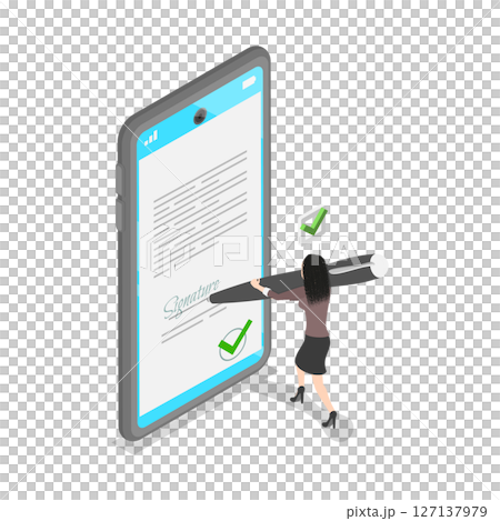 3D Isometric Flat  Illustration of Electronicaly Signed Document, Digital Xontract, E-document 127137979