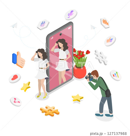3D Isometric Flat  Illustration of Young Cheerful Girl Taking Picture of Herself, Social Media Connections 127137988