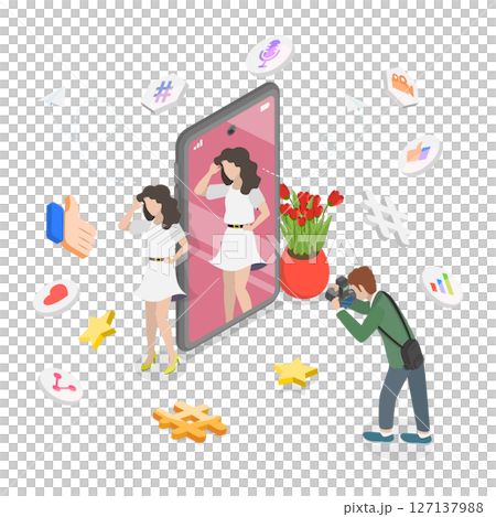 3D Isometric Flat  Illustration of Young Cheerful Girl Taking Picture of Herself, Social Media Connections 127137988