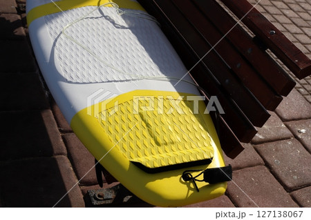 Sports equipment in a city park on the seashore in Israel. 127138067