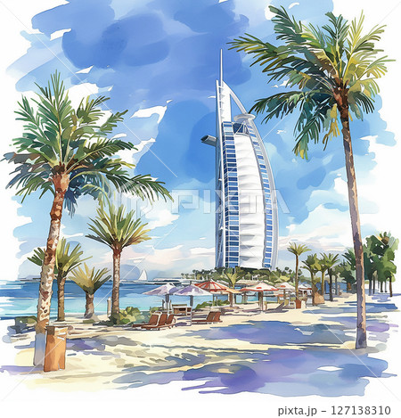 Palm trees sway beside the beach with Burj Al Arab standing tall against the clear blue sky 127138310