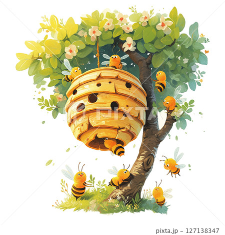 Bees gather pollen from flowers near a busy hive in a lush tree during a sunny day in spring 127138347