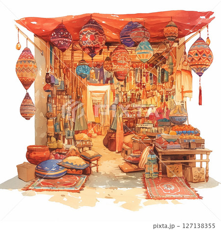Colorful bazaar with hanging lanterns and ornate crafts in a bustling market square during the day 127138355