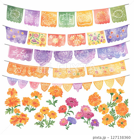 Colorful papel picado and vibrant flowers displayed for a festive celebration in a lively outdoor setting Colorful papel picado and vibrant flowers displayed for a festive celebration in a lively outdoor setting 127138360