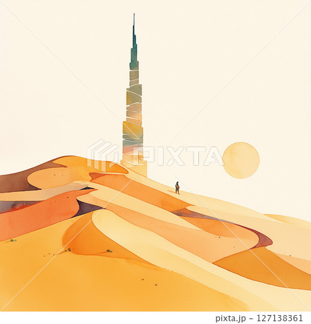 Tower rises above golden desert landscape as a lone figure walks through the serene dunes at sunset Tower rises above golden desert landscape as a lone figure walks through the serene dunes at sunset 127138361