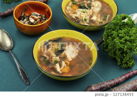Dish of chicken soup. Dish of chicken soup. 127138455