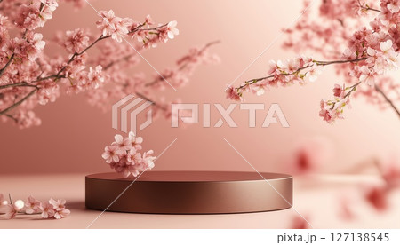 Japanese Brown Podium And Cherry Blossom Abstract Cosmetic Product Presentation Rendering 127138545