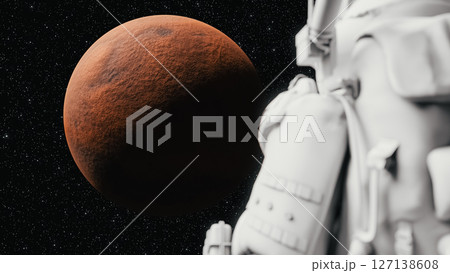 Astronaut observing mars rotating in space: cosmic exploration and discovery. 3d render Astronaut observing mars rotating in space: cosmic exploration and discovery. 3d render 127138608