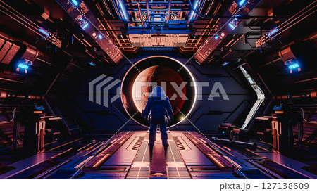 Astronaut observing mars from spaceship window: futuristic space exploration. 3d render 127138609