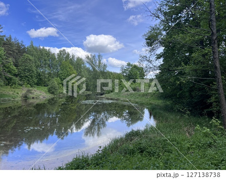Beautiful and colorful spring summer nature scene with a lake in a park surrounded by green leaves of trees in the sunlight and a stone path in the foreground. 127138738