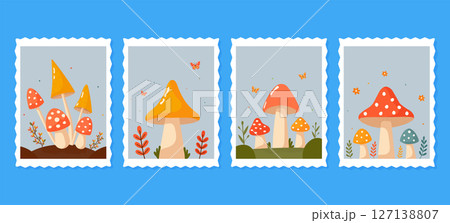 set of postal stamps with different mushrooms flat vector illustration. set of postal stamps with different mushrooms flat vector illustration. 127138807