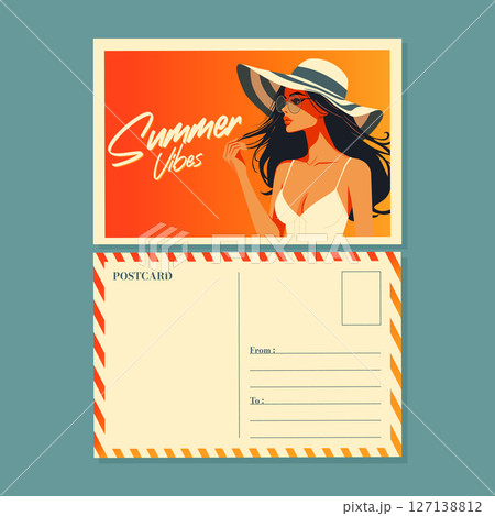 summer postcard with brunette girl in white top and hat flat vector illustration. 127138812