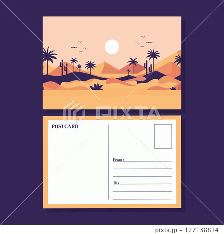 postcard with desert landscape in flat vector illustration style. 127138814