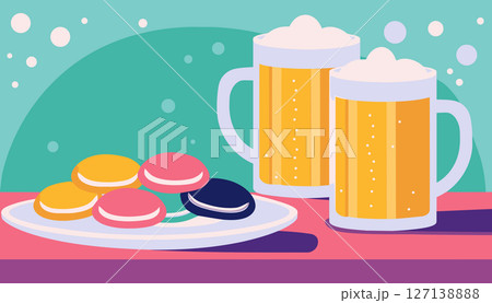 Vector illustration of A table with mugs of beer and cookies on it 127138888