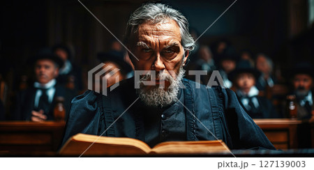 Lawyer with prosecutor in trial, courtroom of justice. Legal prosecution and defense session with jury and judges. Lawyer with prosecutor in trial, courtroom of justice. Legal prosecution and defense session with jury and judges. 127139003