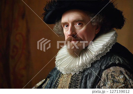 Francis Bacon portrayed in historical attire with intricate collar and dark clothing 127139012