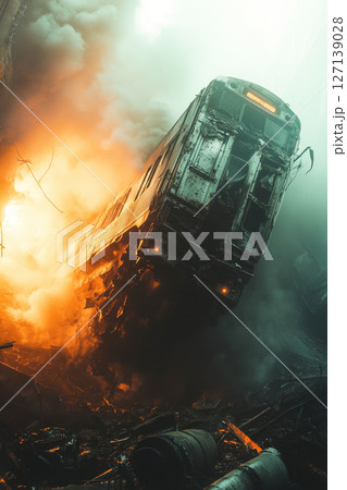 Freight train derails amid fiery disaster in urban setting causing significant damage 127139028