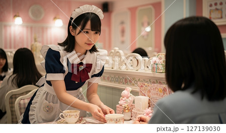 接客するメイドカフェのメイド 127139030