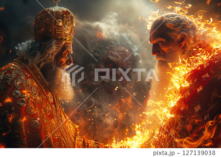 Catholic Christian bishop priest with the Devil Satan horned with wings in hell prays for sins in fiery hell hyena. 127139038