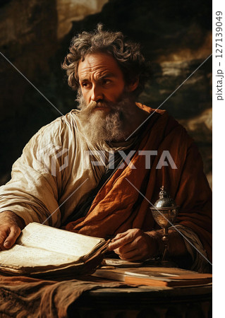 Archimedes engaged in scientific inquiry in ancient Greece with scrolls and analytical tools 127139049