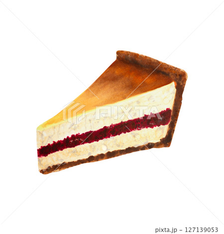 A slice of berry cheesecake topped with marmalade filling. Hand-drawn watercolor, markers illustration, isolated on white background. Ideal for food-related artworks, kitchen prints, product packaging 127139053