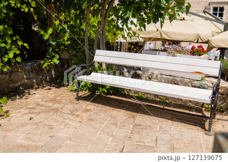 Empty bench under green trees on a sunny day. Relaxation, summer mood, and peaceful outdoor atmosphere. Empty bench under green trees on a sunny day. Relaxation, summer mood, and peaceful outdoor atmosphere. 127139075
