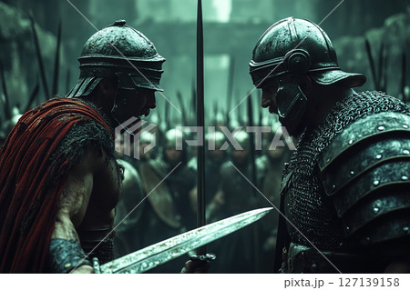 Duel between a barbarian German and a Roman warrior in an ancient battlefield setting Duel between a barbarian German and a Roman warrior in an ancient battlefield setting 127139158