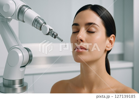 Robotic arm applying serum to woman face in high-tech beauty clinic, futuristic skincare procedure 127139185