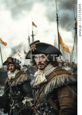 Men in period costumes engage in naval conflict during the Second Anglo Dutch War 127139204