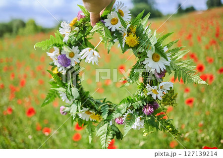 Summer Solstice Day, Midsummer, Litha holiday. Flowers wreath Summer Solstice Day, Midsummer, Litha holiday. Flowers wreath 127139214
