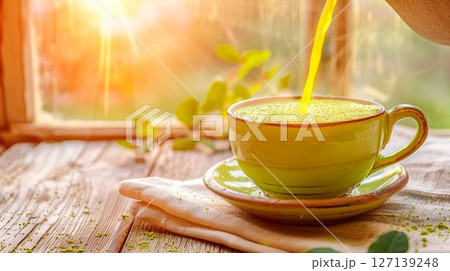 Golden turmeric matcha latte poured into clay cup, hand in frame, natural sunlight and soft linen curtain, warm wellness mood 127139248