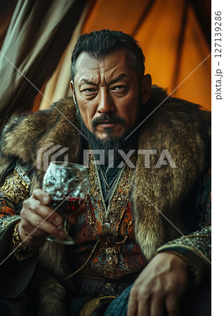 Mongol leader enjoys wine from skull cup during festive gathering in tent 127139286