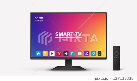 Vector 3d Realistic Smart TV and Remote Control, Isolated. Modern Smart TV. Realistic Smart TV for Technology Mockup. Stylish Television and Remote for App and Branding. Vector Illustration 127139339