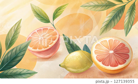Sliced citrus fruits and fresh leaves arranged in a vibrant setting 127139355