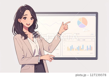 グラフ資料を指さしプレゼンテーションするビジネスウーマン_3 グラフ資料を指さしプレゼンテーションするビジネスウーマン_3 127139378