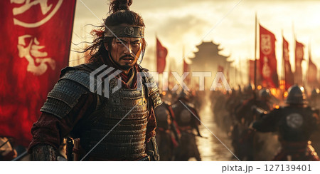 Epic battle of samurai warriors in a fierce fight amidst banners and historical backdrop. Header banner mockup with copy space. 127139401