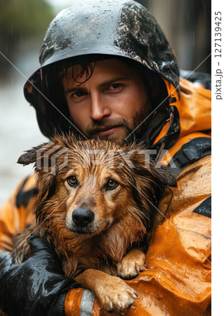 Rescuer man saves frightened dog during city flood amidst heavy rain 127139425