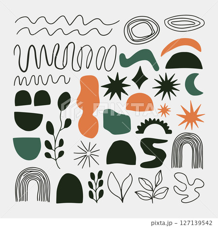 Colorful Nature Doodle Set. Playful and colorful set of abstract nature doodles with leaves, shapes, and organic forms on light background. 127139542