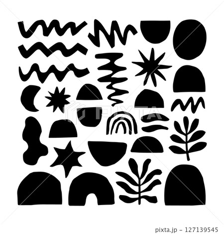 Graphic Nature Set. Compact composition of natural motifs including rainbows, plants, and stars in abstract flat black vector style. 127139545
