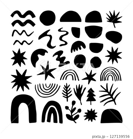 Abstract Elements Pack. Minimal black elements featuring leaves, stars, suns, and geometric forms in a playful scattered layout. Abstract Elements Pack. Minimal black elements featuring leaves, stars, suns, and geometric forms in a playful scattered layout. 127139556