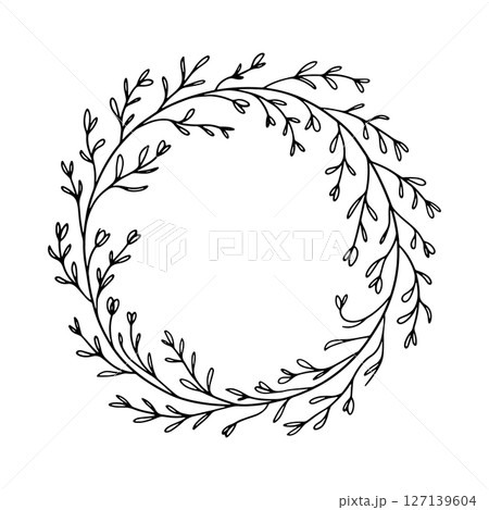Thin Line Leaf Wreath. Minimalist wreath made of fine botanical lines and delicate twigs forming a clean and airy circular frame. 127139604