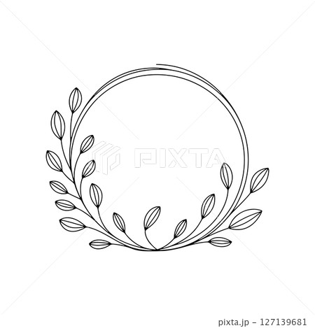 Curved Leaf Frame. Stylized circular frame with upward curving leaves in hand-drawn style, ideal for nature-themed decorative projects. 127139681