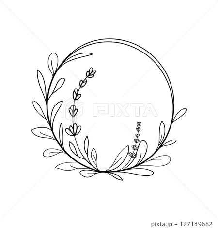 Leaf Arch Frame. A hand-drawn arch-style circular frame with leafy details, perfect for modern botanical compositions and nature logos. 127139682