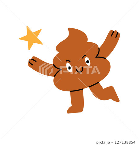 Cartoon poop character jumping up and playing with a shiny star, joyful and magical in a cute, fun scene. Vector illustration. 127139854