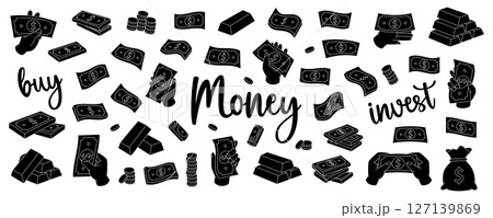 Black money set. Flying cash, green banknotes, stack of money, dollar bills, gold coins and bars. Money investment concept. Cash paper currency. Black money set. Flying cash, green banknotes, stack of money, dollar bills, gold coins and bars. Money investment concept. Cash paper currency. 127139869